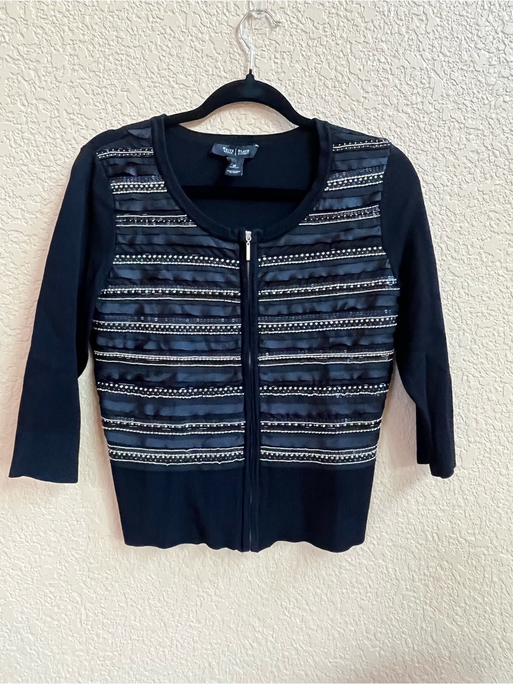 Women’s medium White House Black Market Black Beaded Zip cardigan